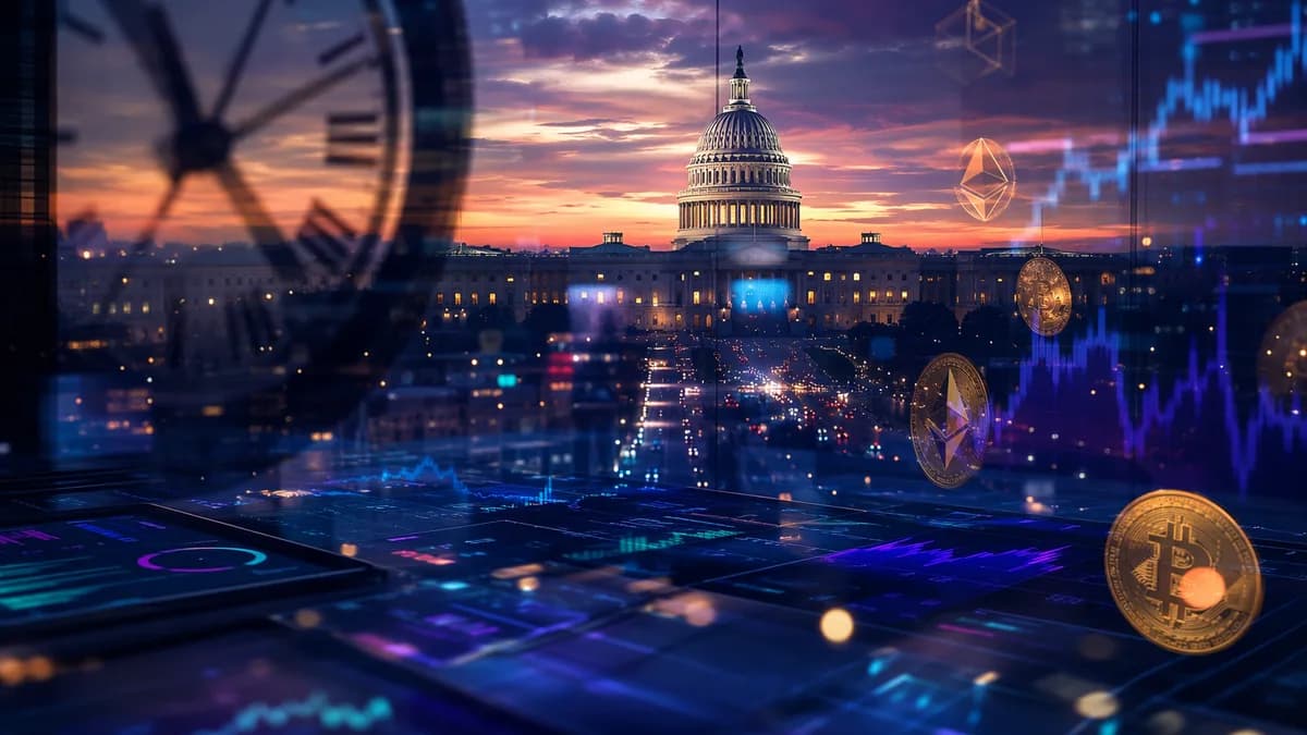 Capitol at dusk with crypto tokens, clock silhouette, and abstract fintech data visuals suggesting delayed legislation.