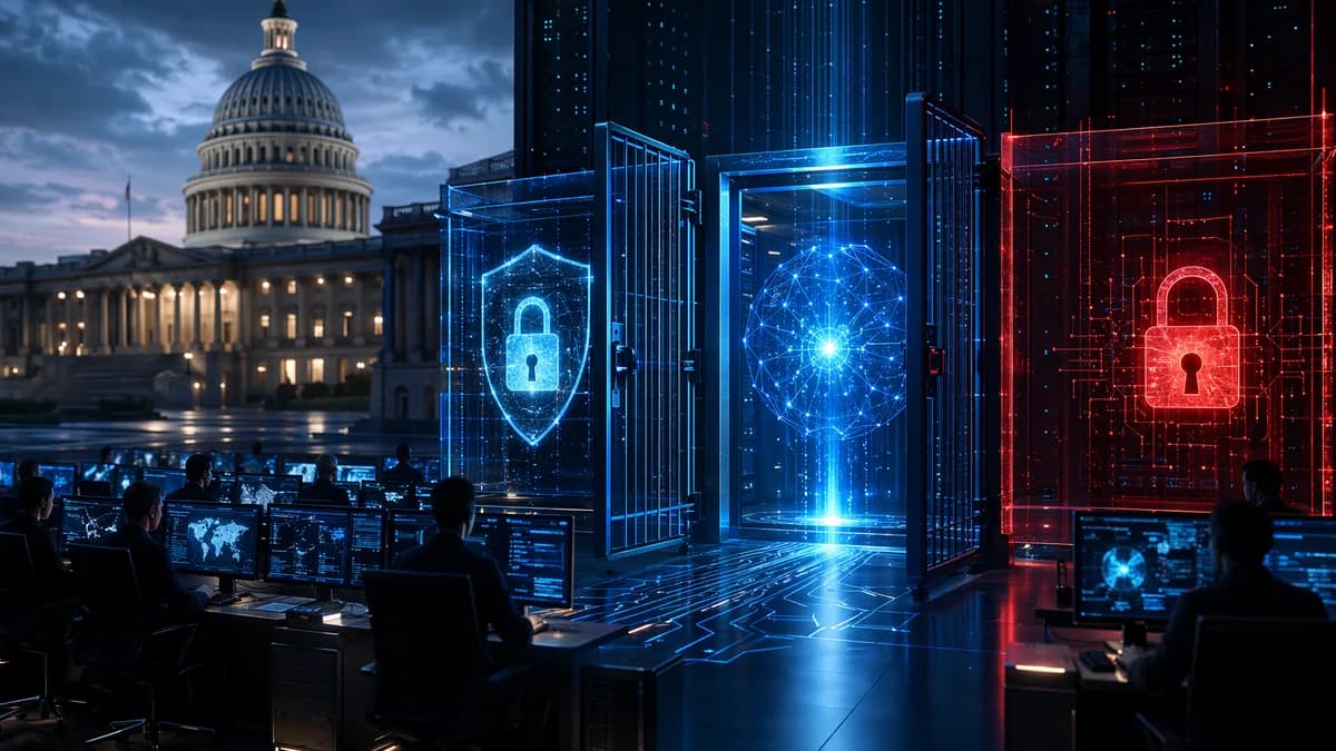 Government AI cybersecurity scene with one digital gate open and another locked behind data shields.