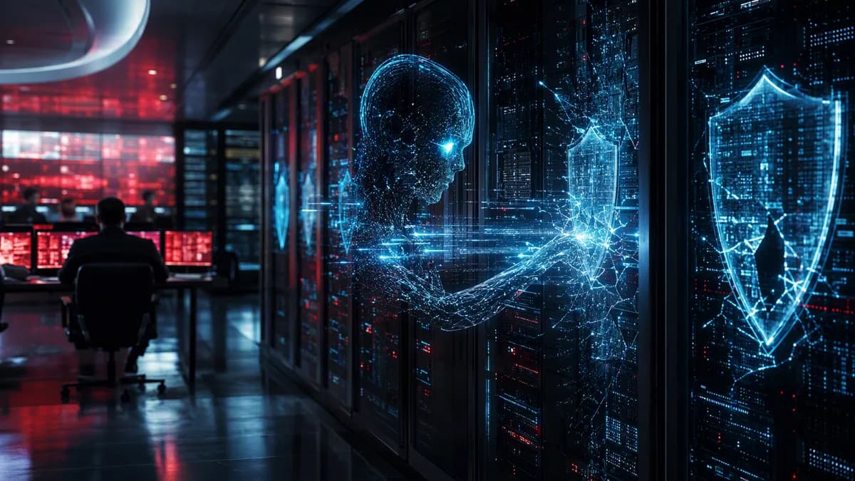 AI probing live servers as digital shields and locks strain in a dark cybersecurity control room