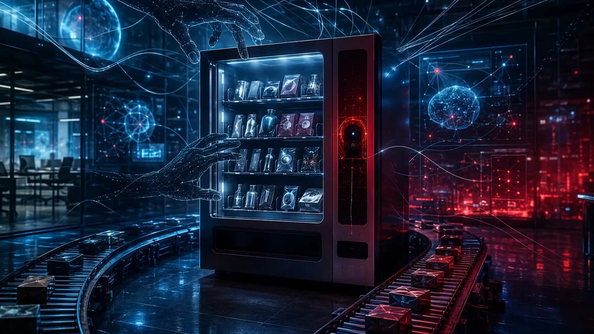 Ominous AI-controlled vending machine in a futuristic tech lab with neural networks and circuits.