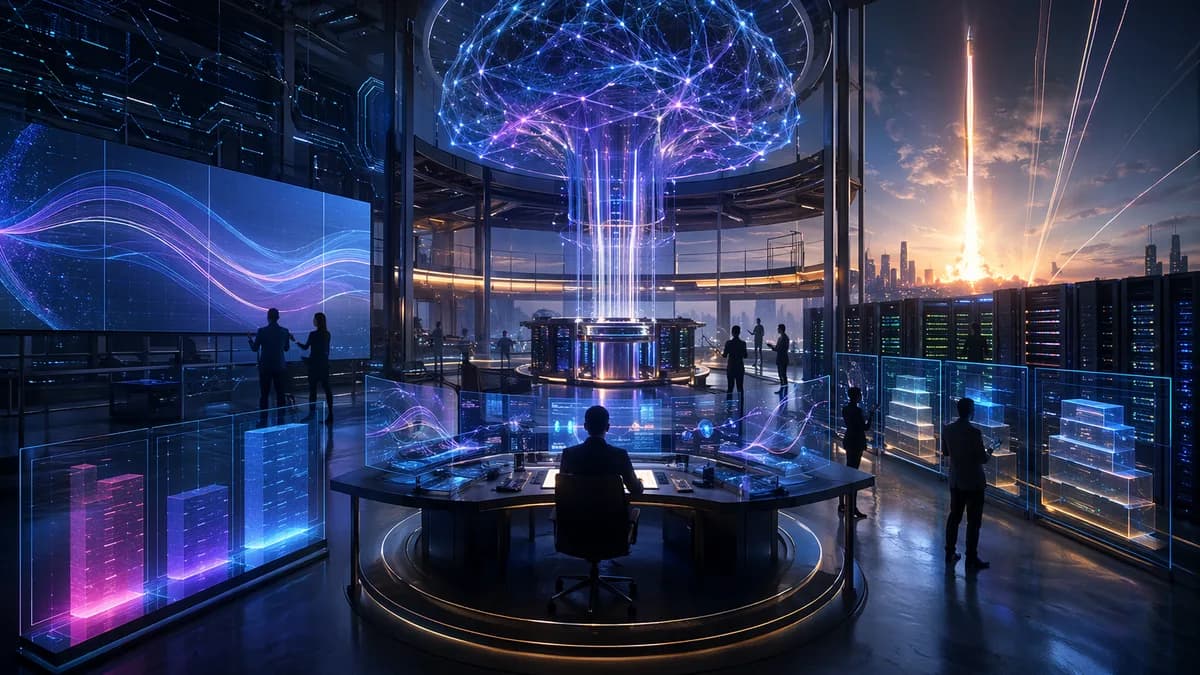 Futuristic AI hub with neural core and abstract pricing tiers, symbolizing cheaper high-performance AI.