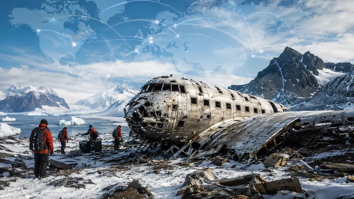 Vintage plane wreckage at a remote site with global map connections, symbolizing aviation safety history.