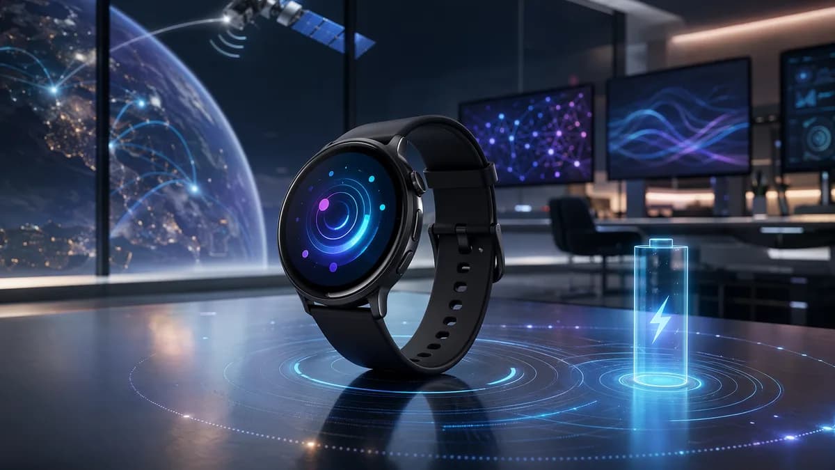 Modern smartwatch on a futuristic tech desk with abstract GPS and battery visuals