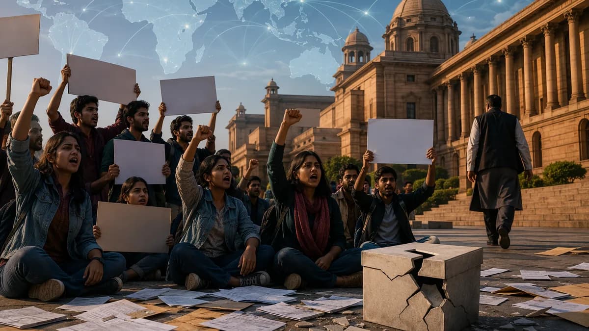 Indian students protest an exam leak crisis outside a government building with global map overlay.