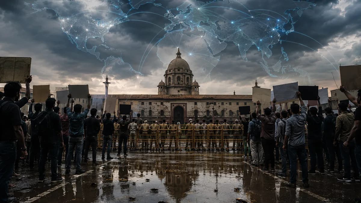Protest crowd in India before a cracked government building with global map connections overhead.