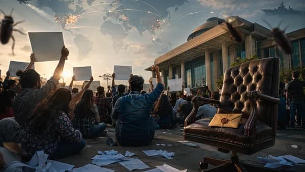 Indian youth protesters outside a government building with global map connections and symbolic resignation imagery.