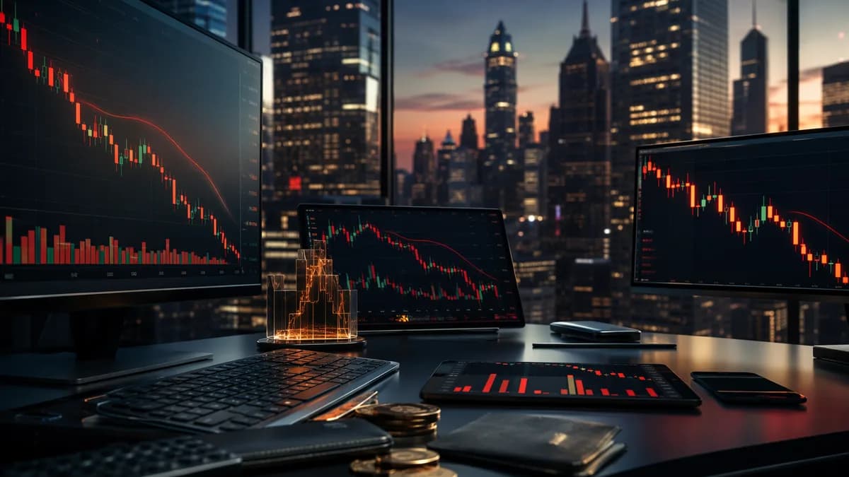 Crypto trading desk with falling market visuals and Wall Street backdrop, reflecting Coinbase earnings pressure