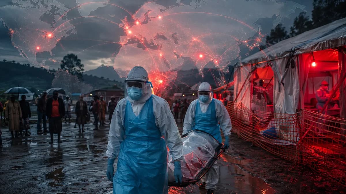 Ebola response workers in Congo with global map connections symbolizing a deadly outbreak crisis.