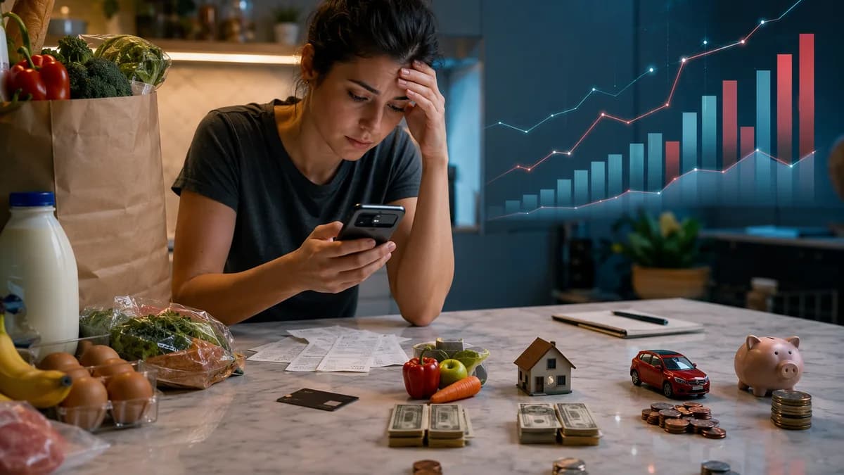 Shopper budgeting groceries and bills with a digital banking app under financial pressure