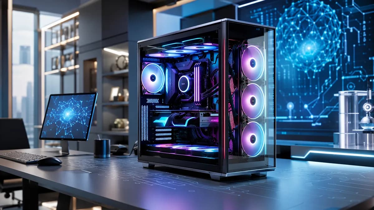 Panoramic glass PC case glowing in a futuristic tech workspace