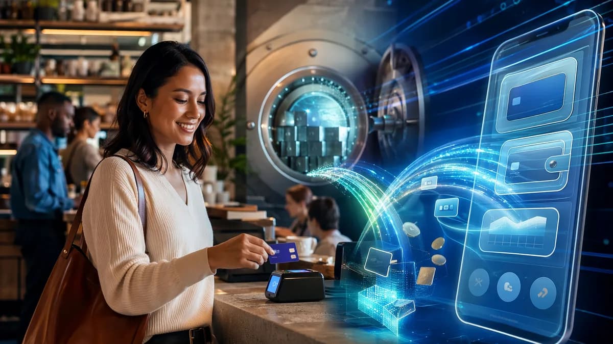 Credit union member using contactless payment with digital banking and deposit flow visuals