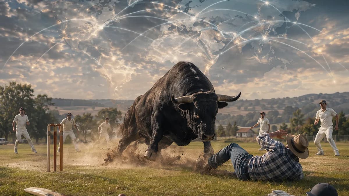 Charging bull disrupts a rural cricket match as players retreat on a tense pitch.