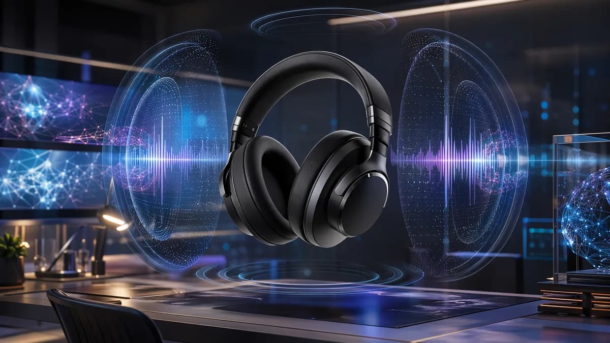 Premium wireless headphones visualized with bass waves, ANC shields, and spatial audio in a futuristic workspace.