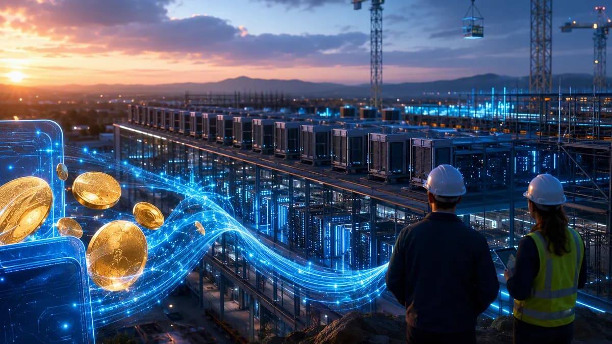Crypto treasury funds flowing into a futuristic AI data center construction site