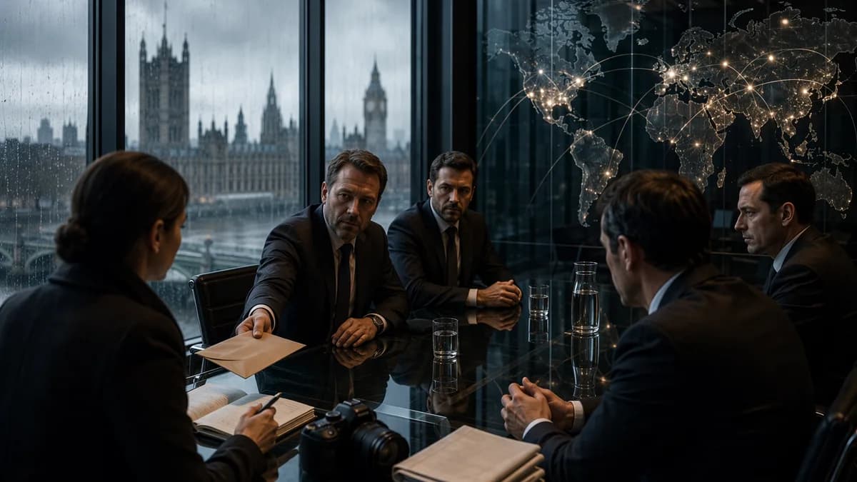 Shadowy lobbying meeting with envelope, blank newspapers, UK parliament silhouette, and global connection map.