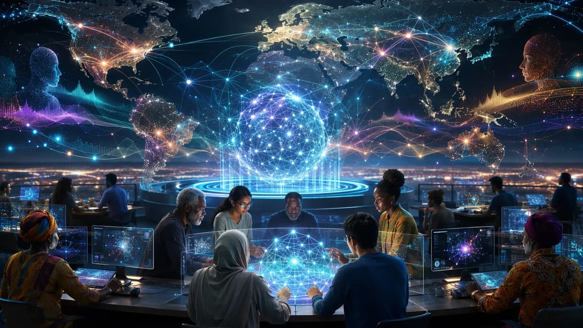 Open global AI network connecting diverse communities in a futuristic nonprofit technology hub.
