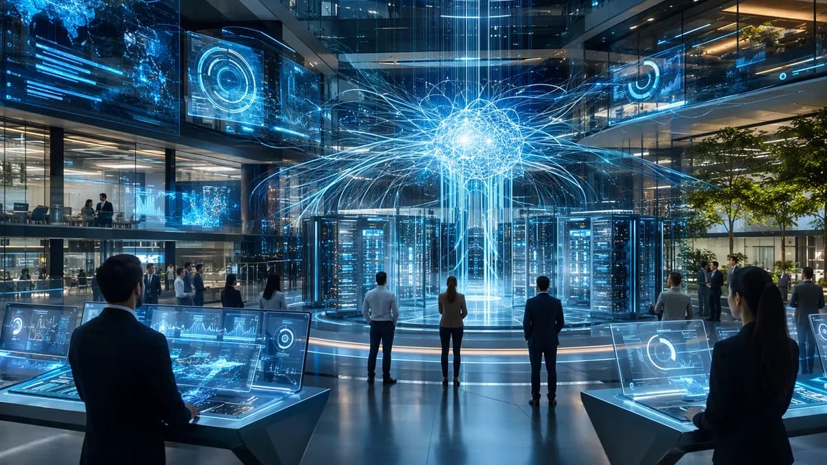 Futuristic enterprise AI hub with data streams converging into a glowing neural network core.