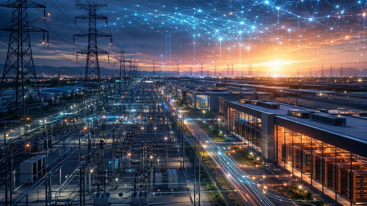 Futuristic datacentre and power grid showing AI-driven electricity demand and grid connection pressure