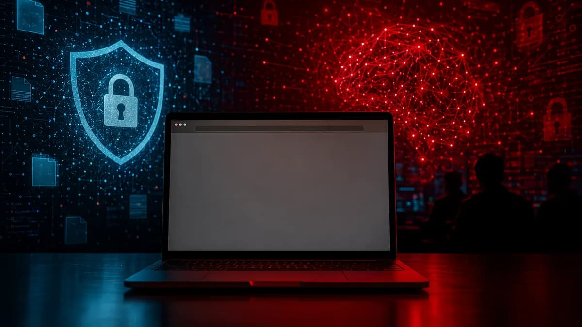 Dark cybersecurity scene showing AI-driven browser ransomware threat with locks, shields, and encrypted files.