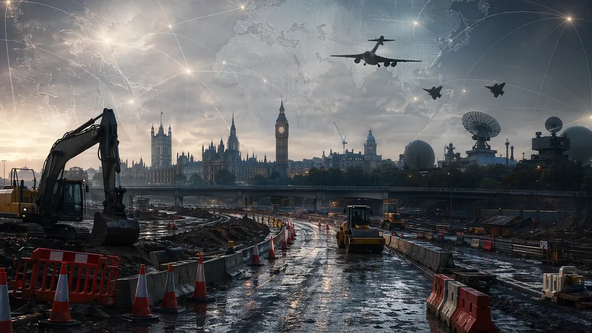 UK roadworks paused as defence aircraft loom, with global map connections suggesting geopolitical funding pressure.
