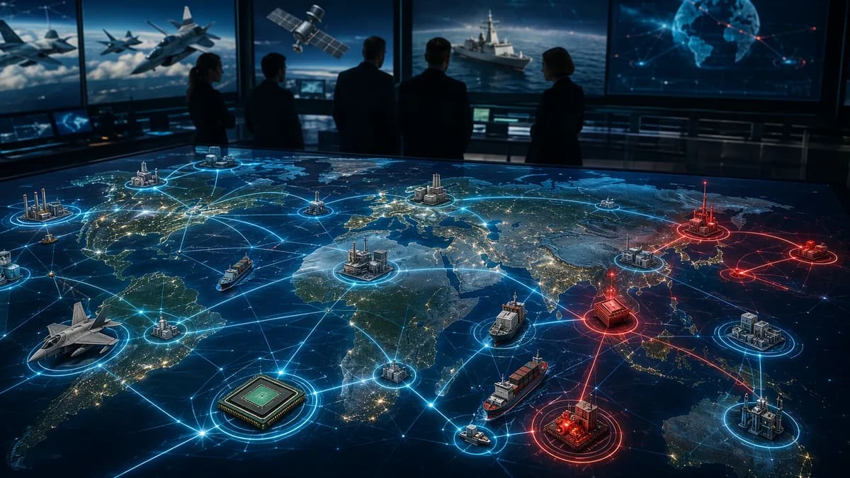 Global defense supply chain map with highlighted supplier risks and geopolitical connections