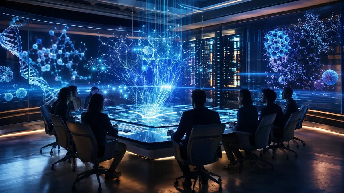 Futuristic AI and biotech investment hub with scientists, neural networks, and compute systems.
