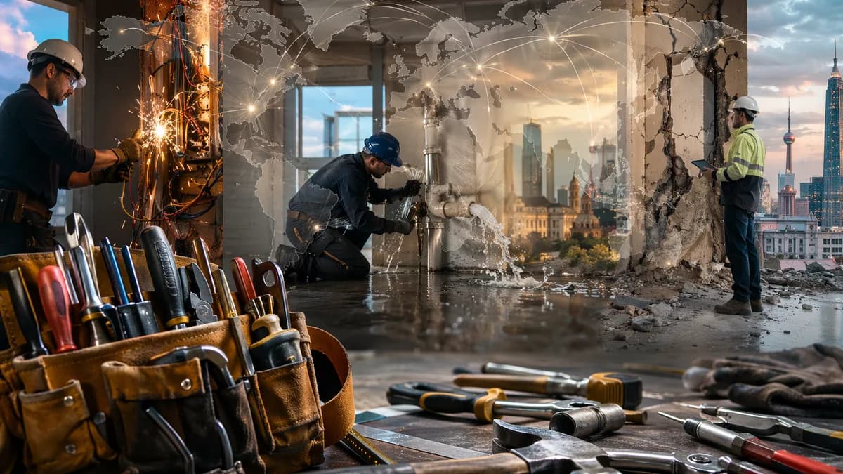 Risky DIY electrical, plumbing and structural repairs shown with professionals and global map connections.