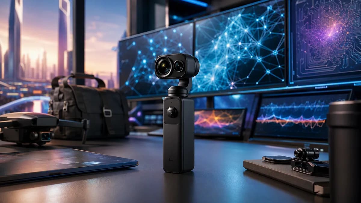 Tiny dual-lens gimbal camera on a futuristic creator desk with abstract AI screens and cinematic lighting.