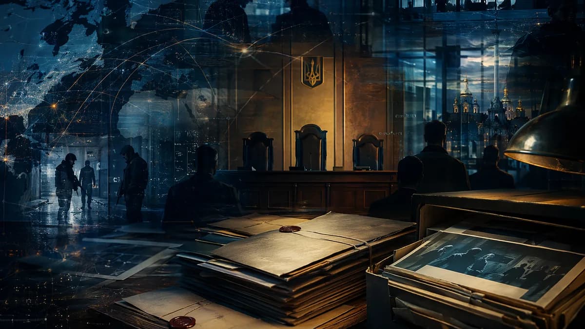 Courtroom and intelligence imagery symbolizing a Ukraine-Russia espionage case and global security tensions.
