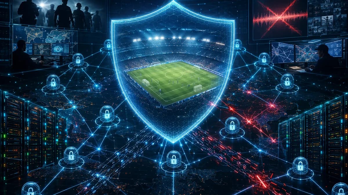 Digital shield over a soccer stadium with locked servers and streaming nodes in a dark cybersecurity scene.