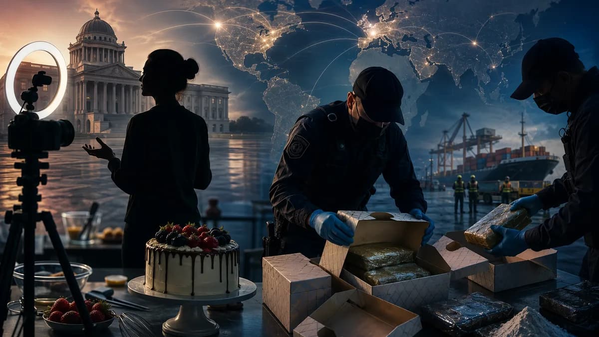 Customs officers inspect cake packaging in a global smuggling case with courthouse and world map backdrop.