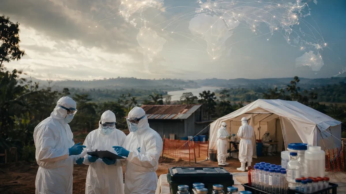 Healthcare workers in DRC Ebola treatment center with vials, world map connections, and outbreak response atmosphere