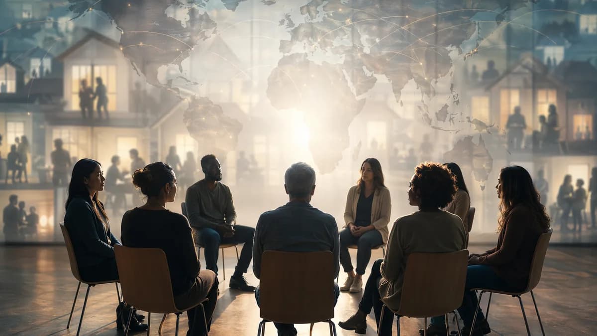 Anonymous support circle with world map connections, symbolizing survivor solidarity and hidden domestic abuse.