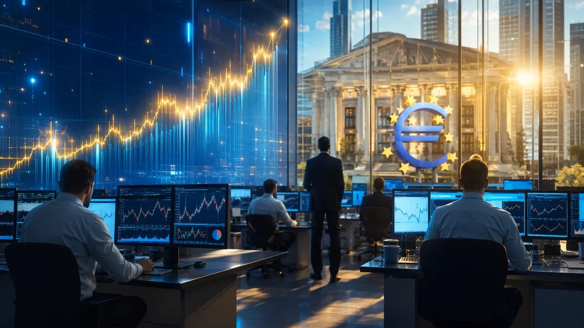 Trading floor with rising market charts symbolizing hawkish ECB policy supporting the euro