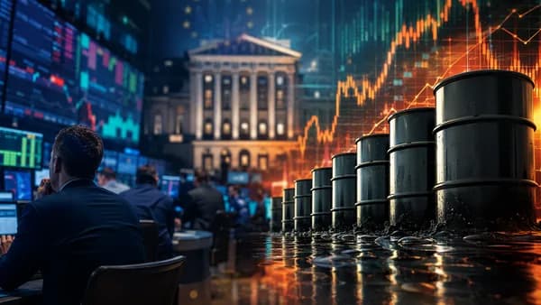 ECB rate hike risk shown through oil barrels and market charts on a European trading floor