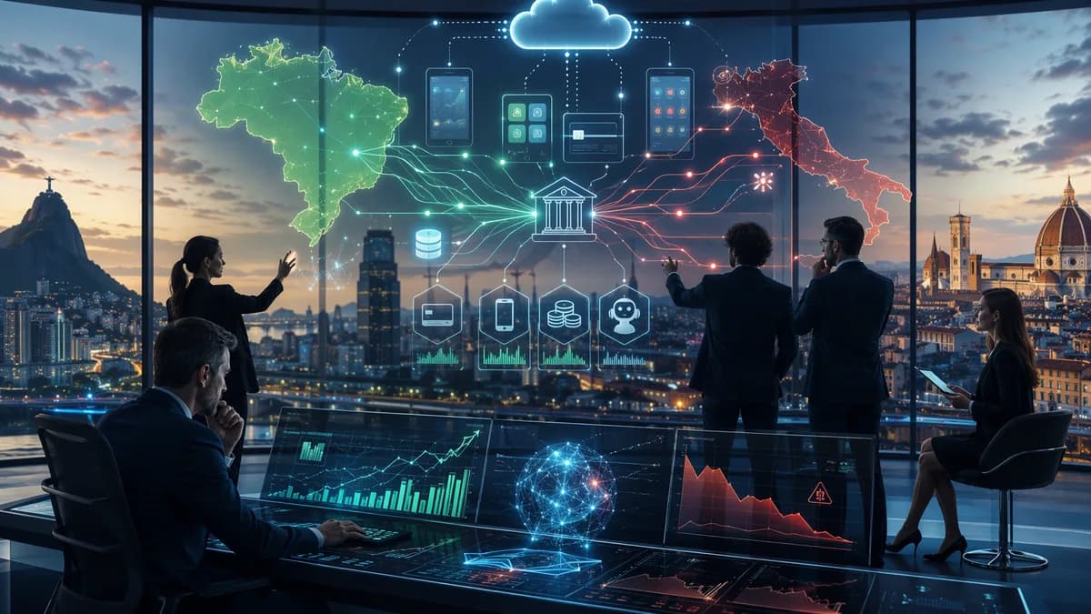 Fintech command center with digital payment flows, growth signals, and Brazil-Italy risk indicators.