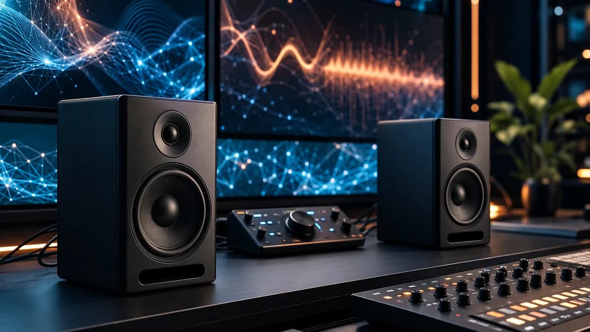 Compact studio monitors on a sleek futuristic desk with glowing audio visuals and tech workspace lighting.