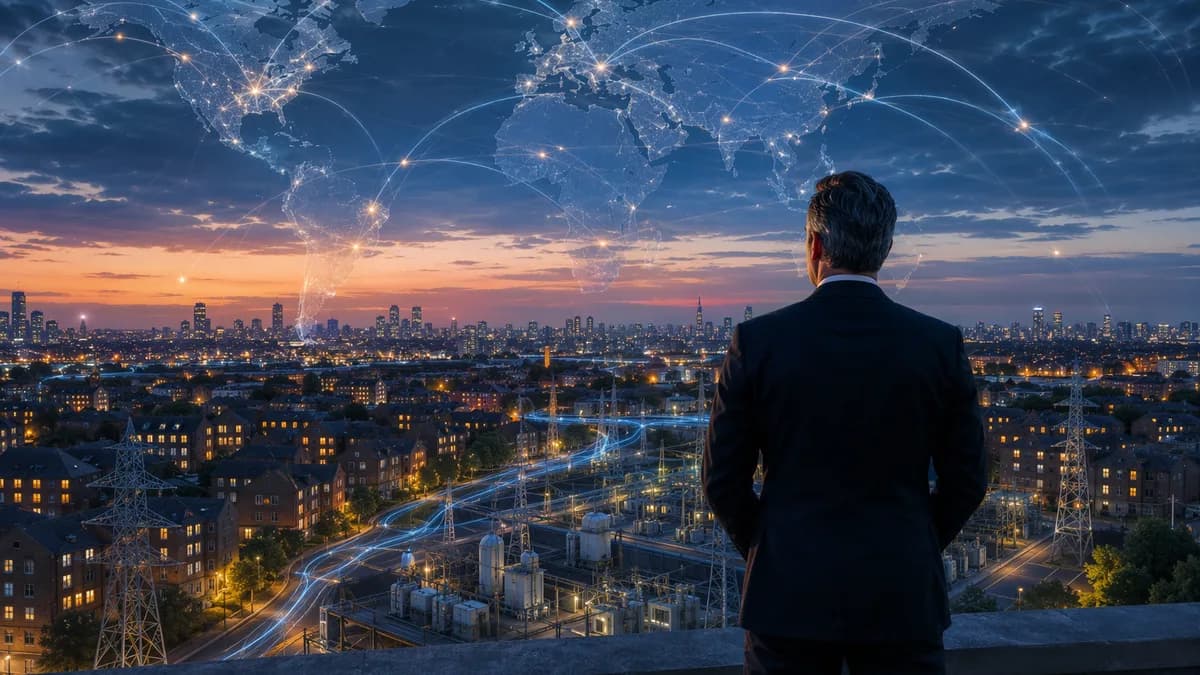 UK city power grid with civic leader silhouette and global energy connections at dusk