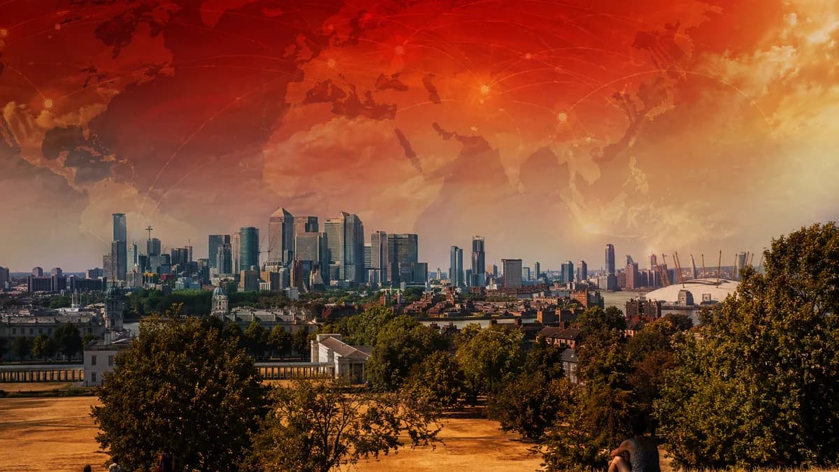 Photorealistic England heatwave cityscape with heat haze, red glow, and subtle global map connections.