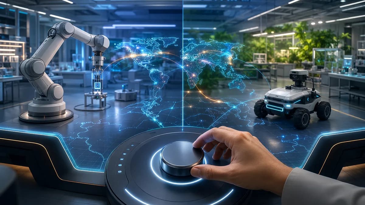 Human hand turns a glowing dial to control robots in a futuristic AI robotics lab.