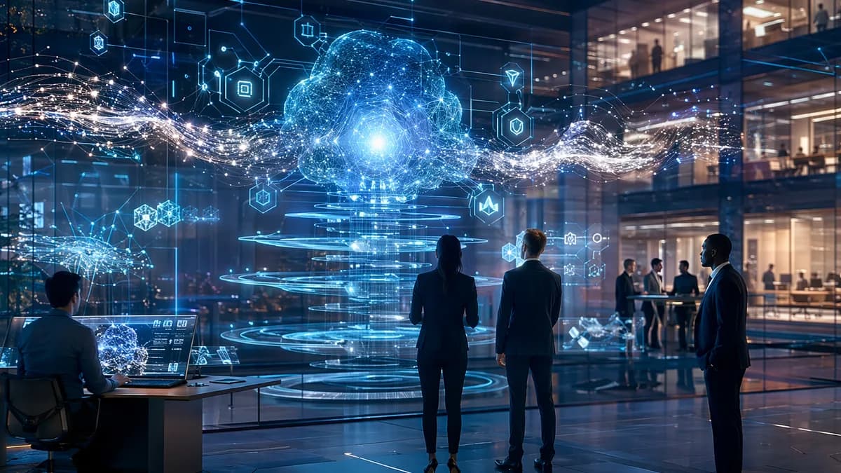 Enterprise AI hub showing secure governance, permissions, and integrated systems in a futuristic workspace