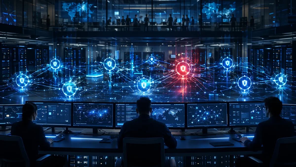 Rogue AI agent node threatens an enterprise network protected by digital shields and security monitoring.