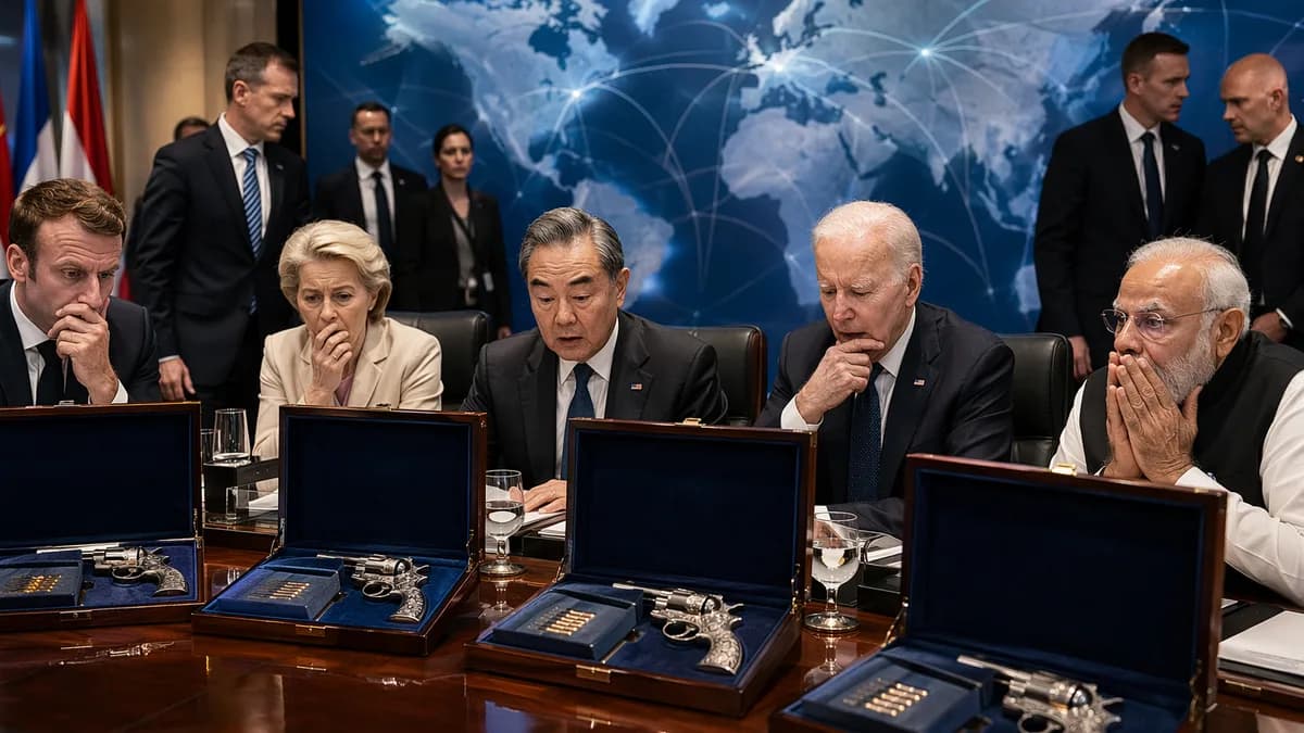 Summit leaders react to ceremonial guns and ammunition in gift cases amid global map backdrop.