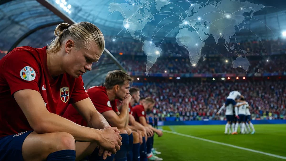 Dejected Norwegian striker on bench as England celebrates, with world map and global connections overlay.