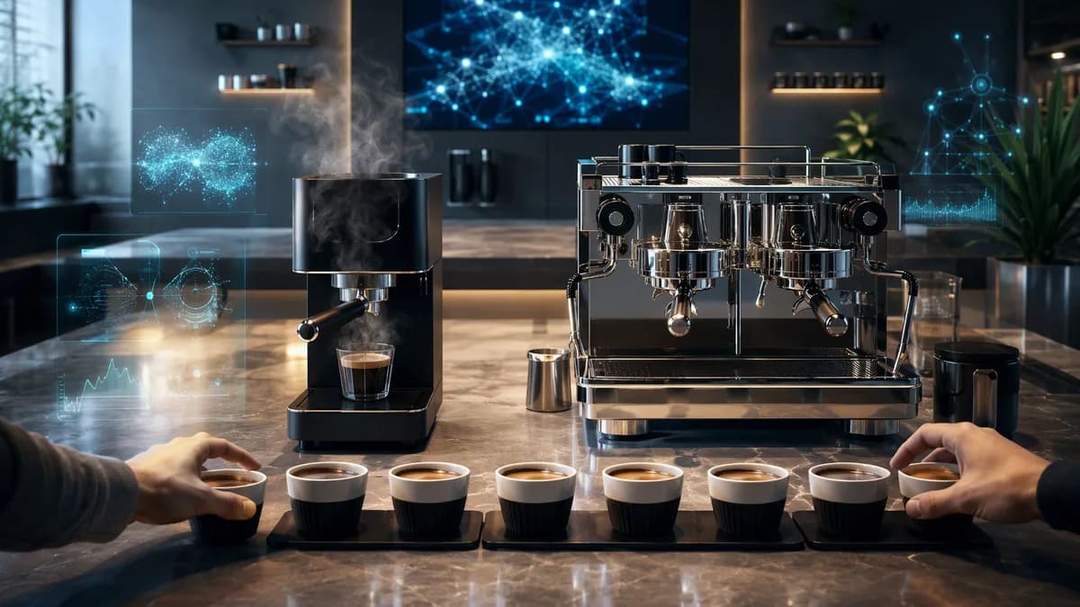 Blind espresso taste test with two machines in a futuristic tech kitchen lab