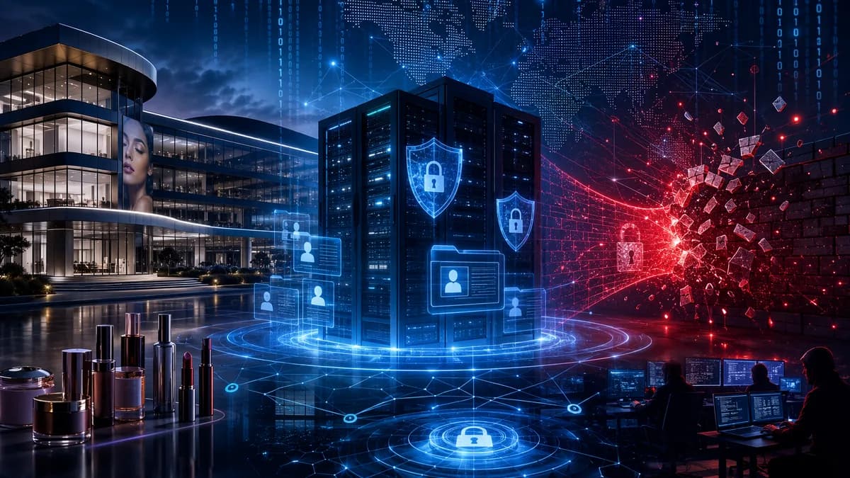 Dark cybersecurity scene with shields, locks, servers, and breached HR data around a corporate building.