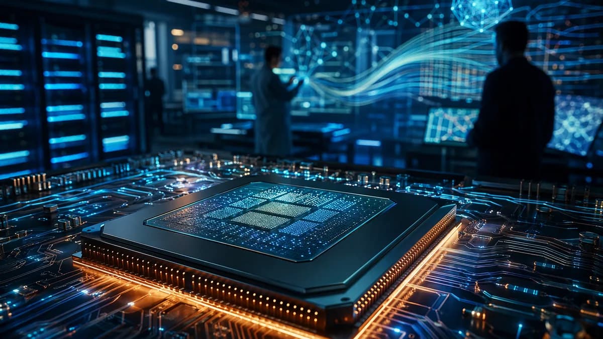AI chip glowing in a futuristic semiconductor lab with engineers and neural network visuals
