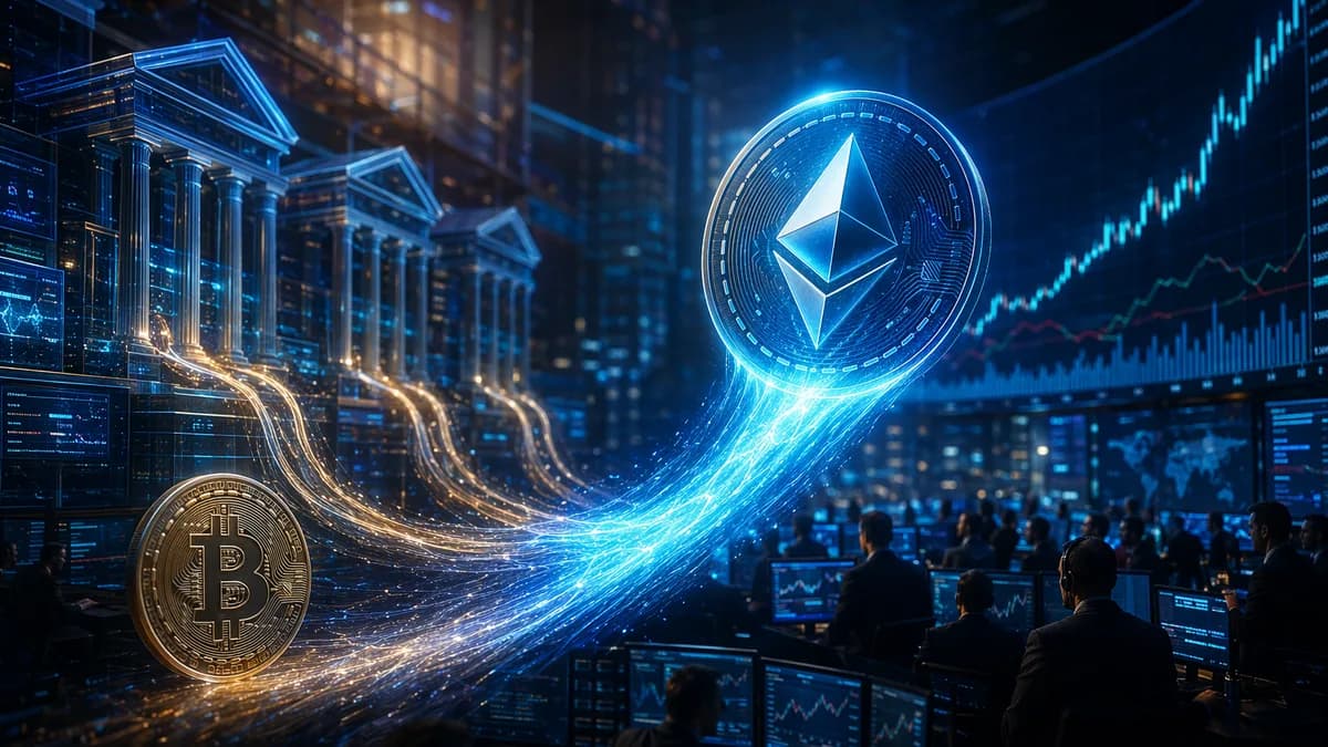 Ethereum token surges ahead of Bitcoin amid institutional ETF inflows on a futuristic trading floor.