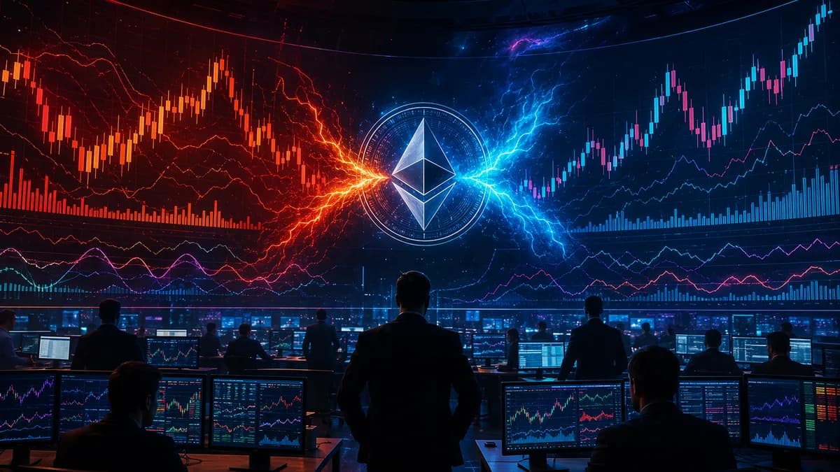 Volatile crypto trading floor visualizing an ether options straddle bet amid chaotic market charts.