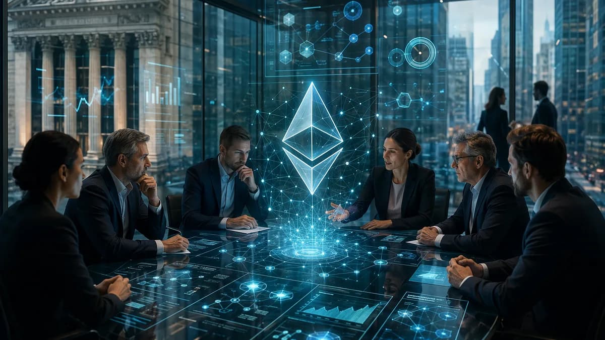 Wall Street boardroom with investors viewing a glowing Ethereum-style blockchain network hologram.